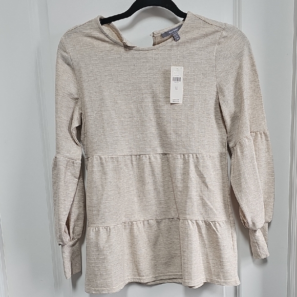 blue tassel Tops - NWT Blue Tassel Tan Tiered Long Sleeve Blouse